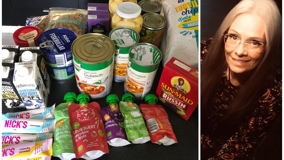 Veronica Carlssons krislåda består av barnklämmisar, torkade frukter, russin, proteindryck, energibars och taco chips. Om man tar med sig nötter ska man kolla att ingen i skyddsrummet är allergisk mot nötter, enligt FRG Älvkarlebys ansvarig, Veronica Carlsson.