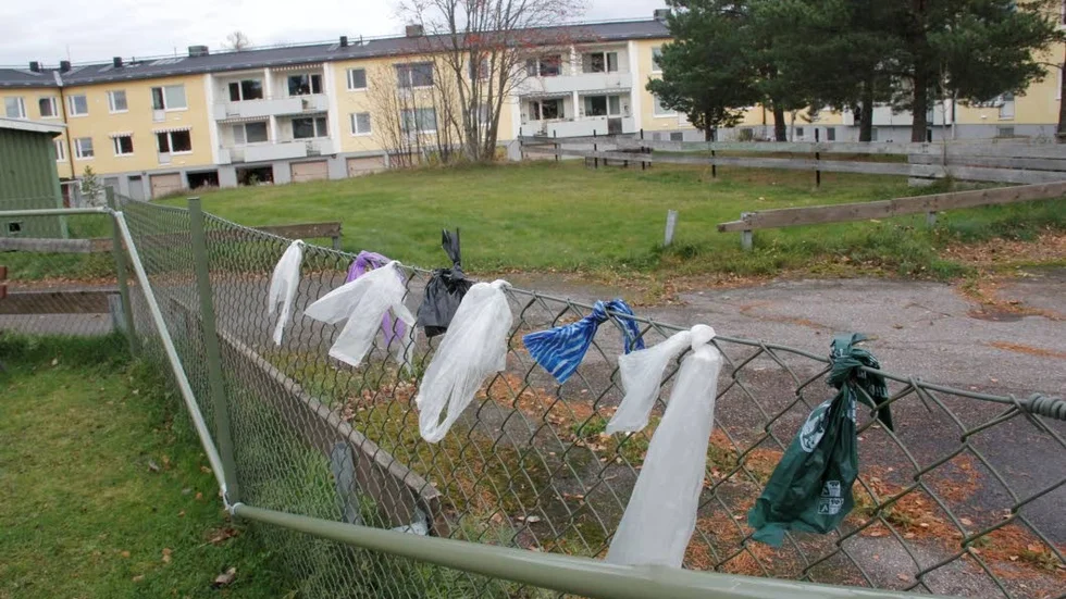 Gratis hundpåsar finns för den som rastar hunden i inhägnaden.  Ljudet från skällande hundar studsar mellan husväggarna, anser  närboende.