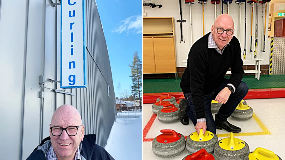 Curlingchefen Michael Marklund och en curlingskylt från gamla tider. Han är Sveriges och Skellefteås curlingchef och ser positivt på sporten framtid. Både nationellt och internationellt.
