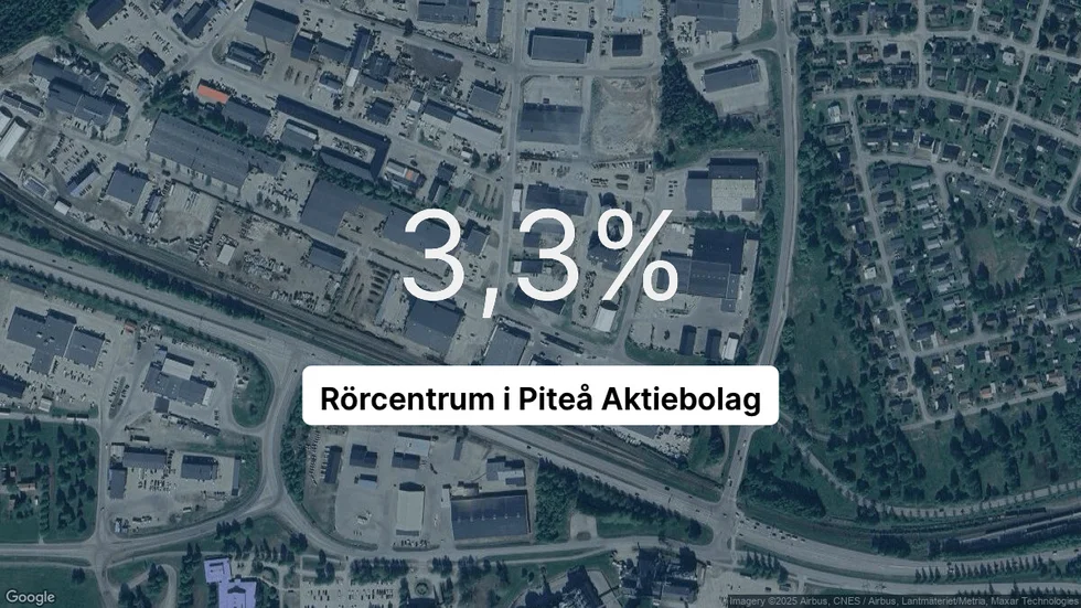 Illustrationen visar rörelsemarginalen för Rörcentrum i Piteå för det senaste året. Bakgrunden är en satellitbild över företagets adress.