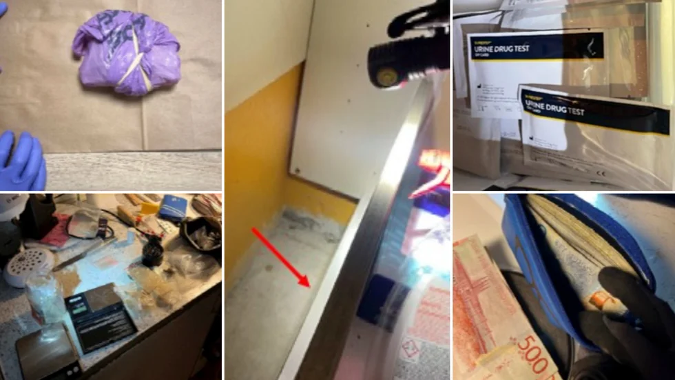 Skelleftepolisen gjorde dubbla husrannsakningar – och det blev en lyckträff. Olika slags narkotika, vågar, redlinepåsar, kontanter och till och med fejkade urinprover påträffades. 38-åringen förnekade att han höll på med att sälja droger.