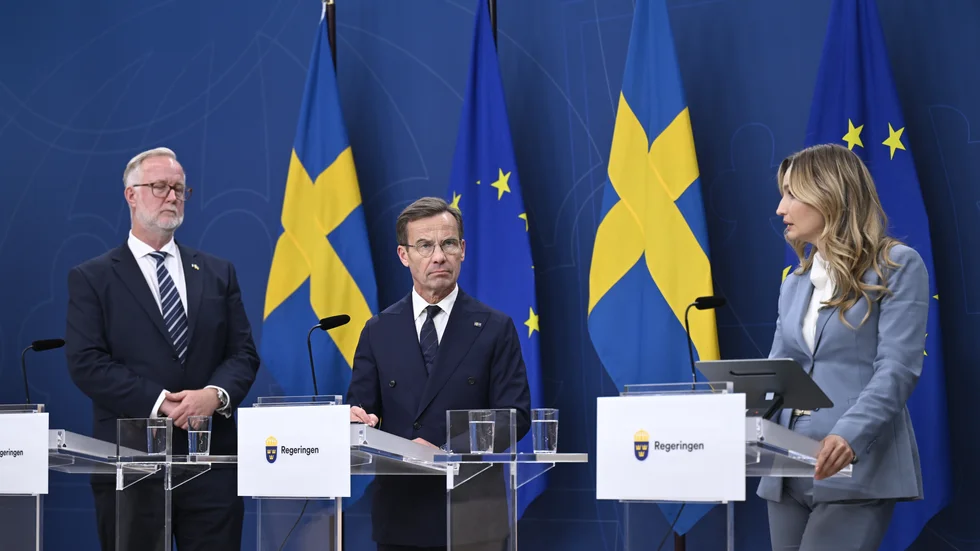 Utbildningsminister Johan Pehrson (L), statsminister Ulf Kristersson (M) och energi- och näringsminister Ebba Busch (KD). Arkivbild.