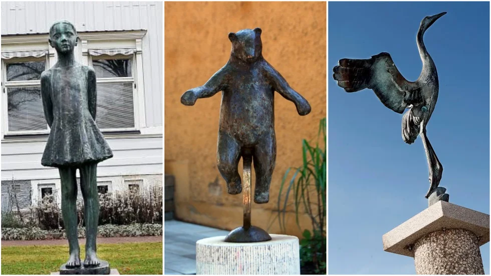 Dessa tre offentliga konstverk i Motala ska alla komma tillbaka till sina platser. Från vänster "7 år" , björnen i "Nästan allt är möjligt", tranan i parken vid Gamla Strömbron. 