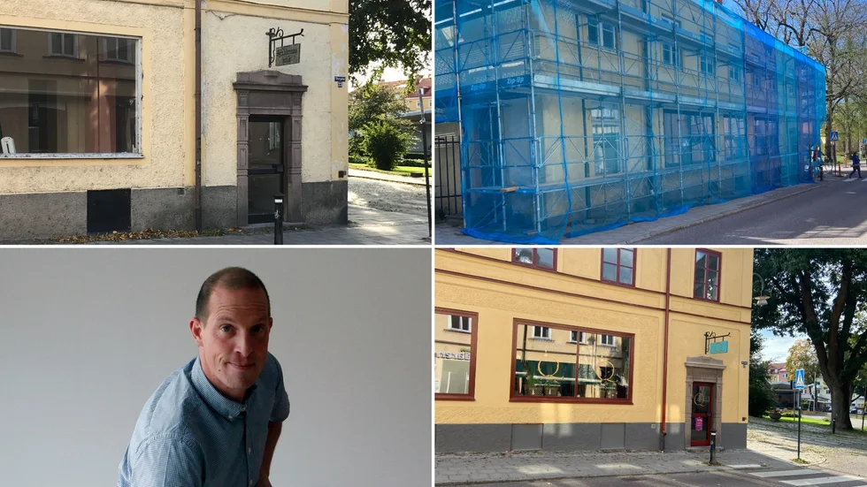 Byxhörnan några år före renoveringen, under densamma och med byggnadsställningarna borttagna. På bilden även fastighetsägaren Johan Lindholm.