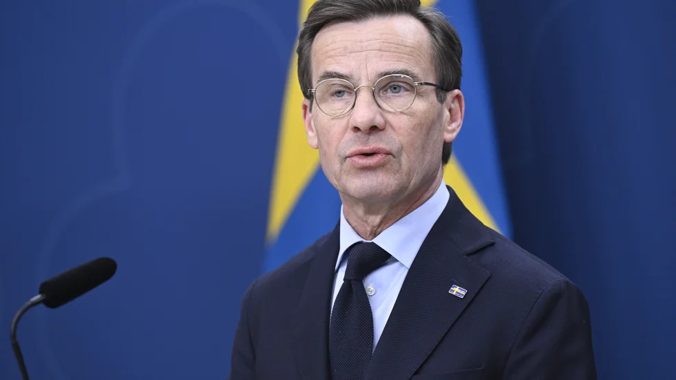 Statsminister Ulf Kristersson (M) under en pressträff på onsdagen.