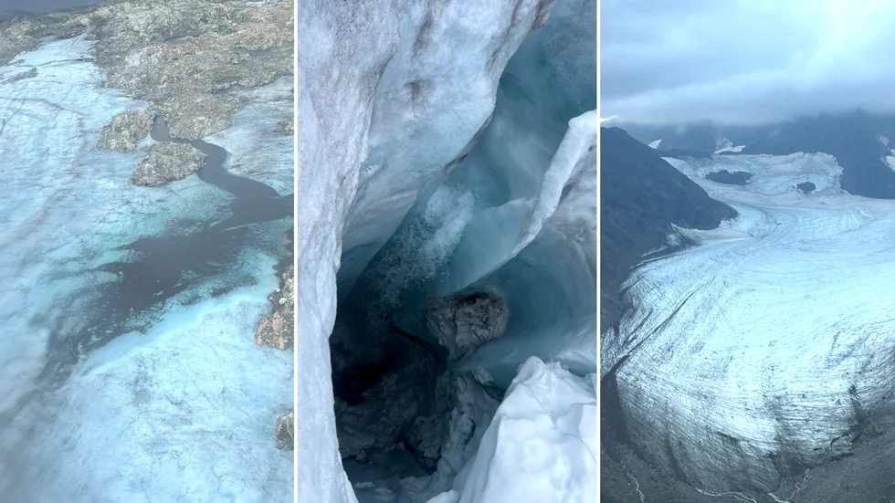 Bilder från den dramatiska avsmältningen under sommaren 2024. Det varmaste året som uppmätts. Från vänster Rivgojiehkki, en djup brunn i Rabots glaciär och Storglaciären vid Kebnekaise. Det är denna avsmältning som färgar Kalixälven grön. (Arkivbild)