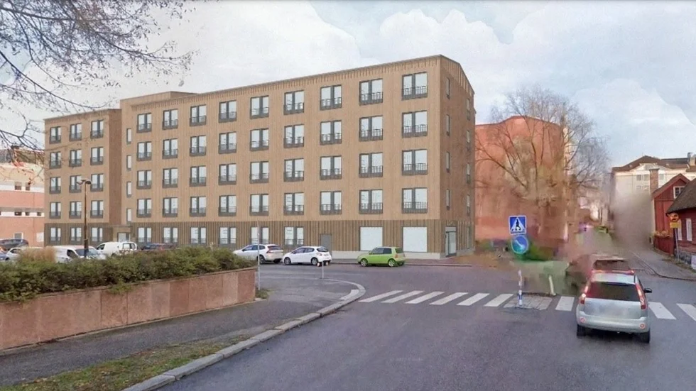 Illustration som visar studentbostäderna som planeras på parkeringen i hörnet Bruksgatan/Nygatan. 