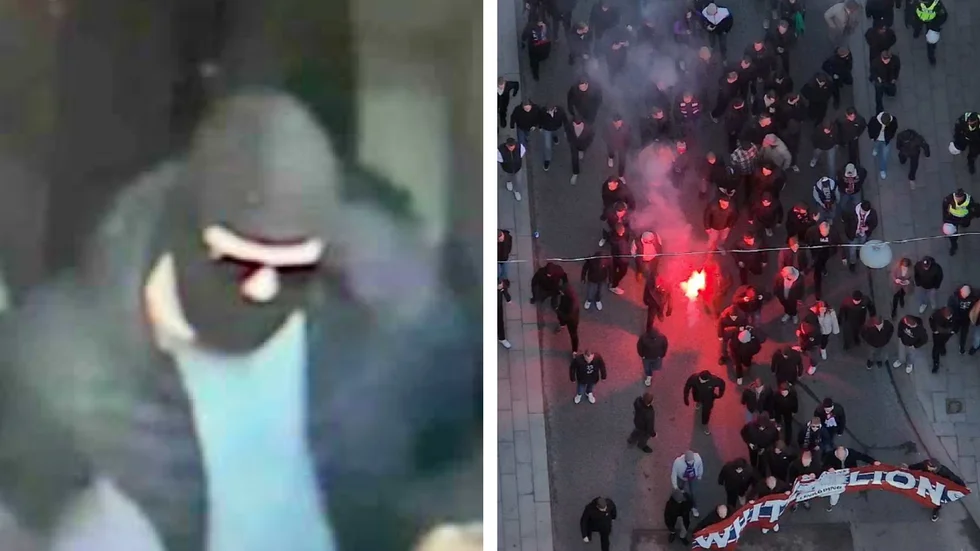 Den 24-årige mannen var maskerad när han tände bengaler på S:t Larsgatan. (Bilderna är hämtade ur förundersökningen.)