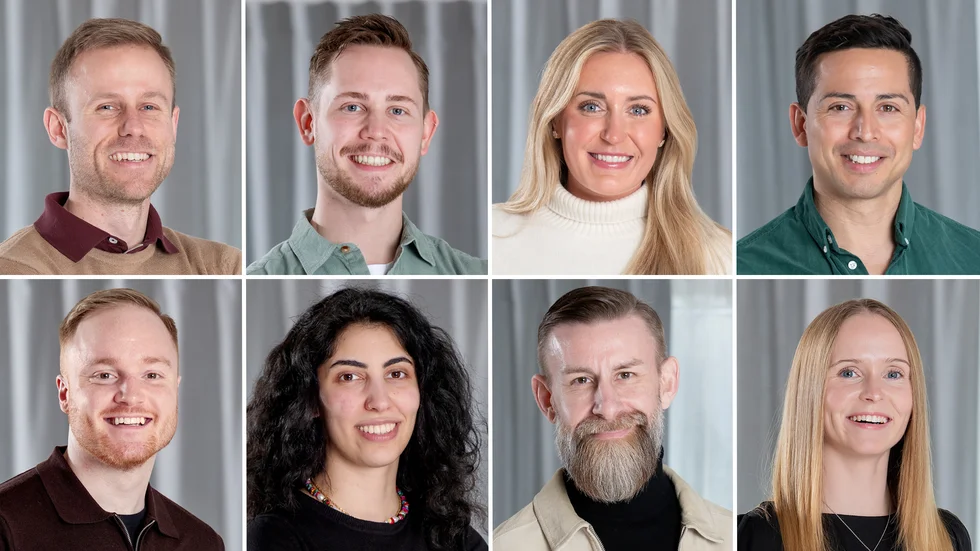 Nicklas Broberg, Andreas Eriksson, Elsa Månsson, Hector Lopez, Adam Blücher, Selma Kamali, Magnus Johansson och Ninni Larsson är höstens deltagare i "Gift vid första ögonkastet". Pressbild.