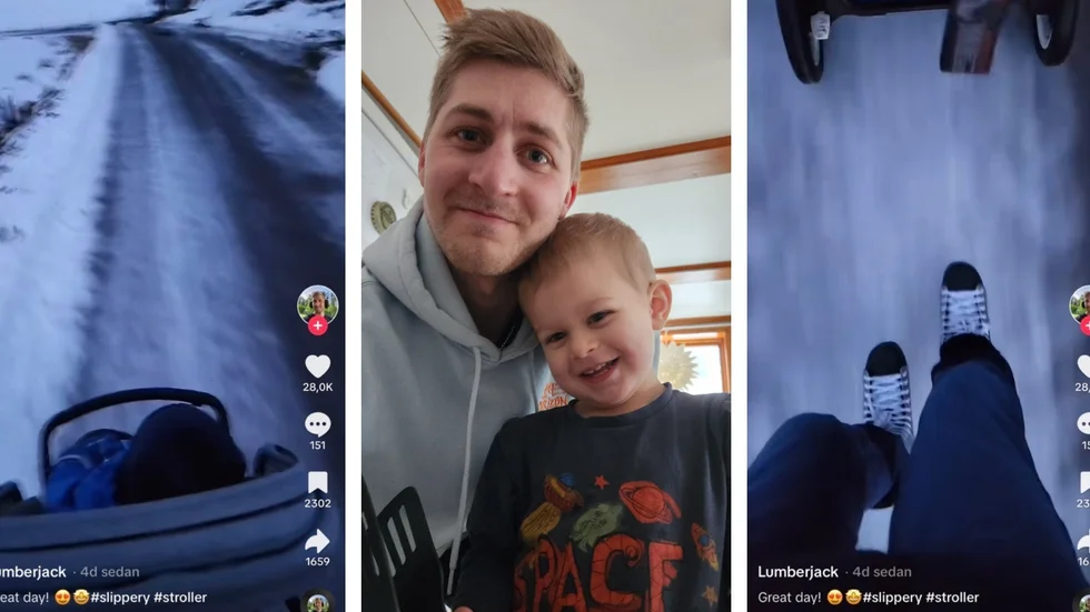 David Roos snörade på sig skridskorna och åkte ut på grusvägarna med sin son Vince. Han filmade färden och videon har fått stor spridning.