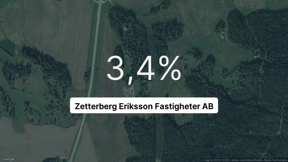 Illustrationen visar rörelsemarginalen för Zetterberg Eriksson Fastigheter för det senaste året. Bakgrunden är en satellitbild över företagets adress.