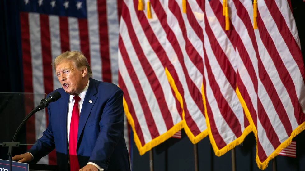 USA:s tidigare president Donald Trump under ett möte där han kampanjar för att återigen bli landets president. Arkivbild.