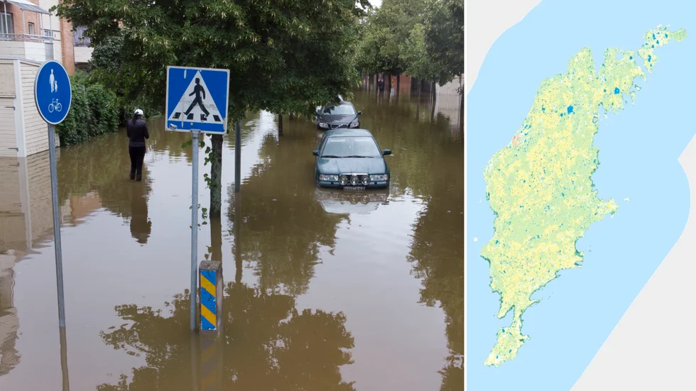 Till vänster: En bild från Gävle, under översvämningarna 2021. Till höger: En karta från Region Gotland, där de blå områdena kan drabbas hårt av skyfall och de gröna påverkas särskilt av havsnivåhöjningar.