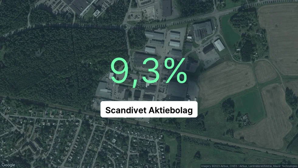 Illustrationen visar rörelsemarginalen för Scandivet för det senaste året. Bakgrunden är en satellitbild över företagets adress.