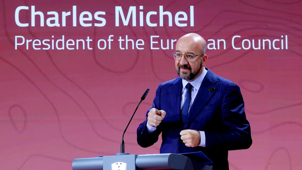EU:s rådsordförande Charles Michel talar utvidgning vid ett möte i Slovenien.