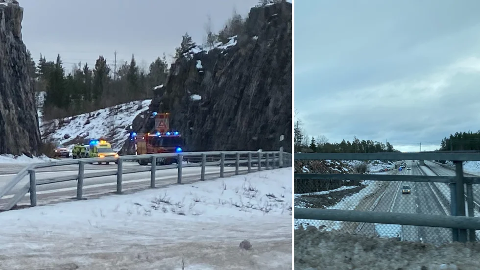 En personbil körde in i vajerräcket vid motorvägsavfarten.
