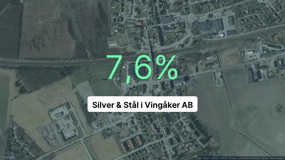 Illustrationen visar rörelsemarginalen för Silver & Stål i Vingåker för det senaste året. Bakgrunden är en satellitbild över företagets adress.