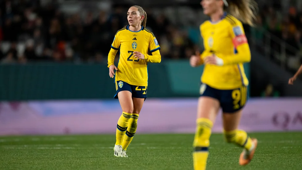 Sveriges Elin Rubensson under fredagens kvartsfinal i fotbolls-VM mellan Sverige och Japan på Eden Park i Auckland, Nya Zeeland.