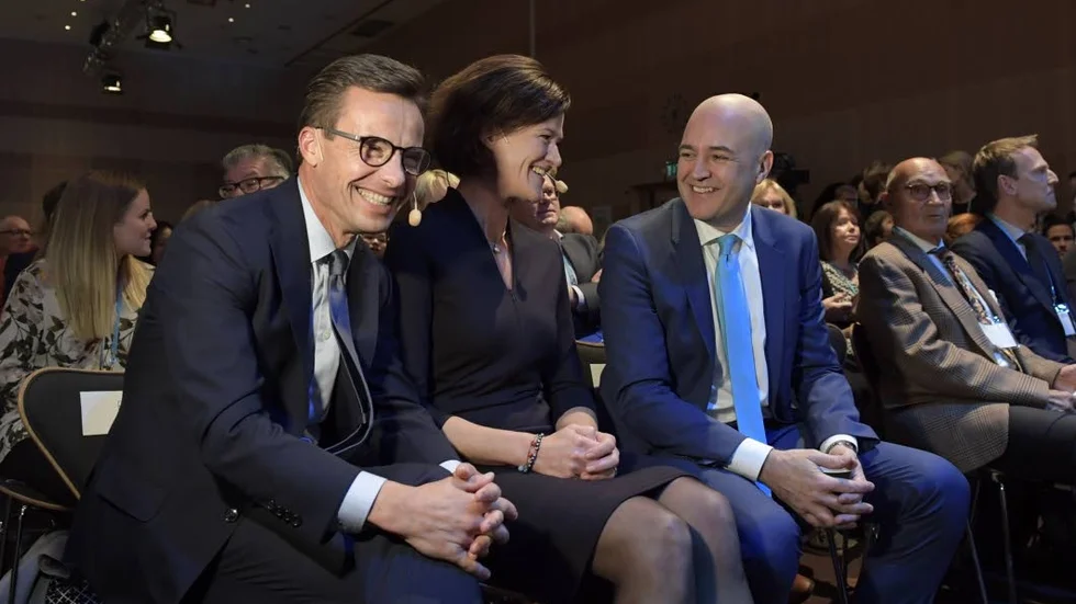 Nya, förra och förrförra. Ulf Kristersson, Anna Kiberg Batra och Fredrik Reinfeldt under helgens extrastämma.