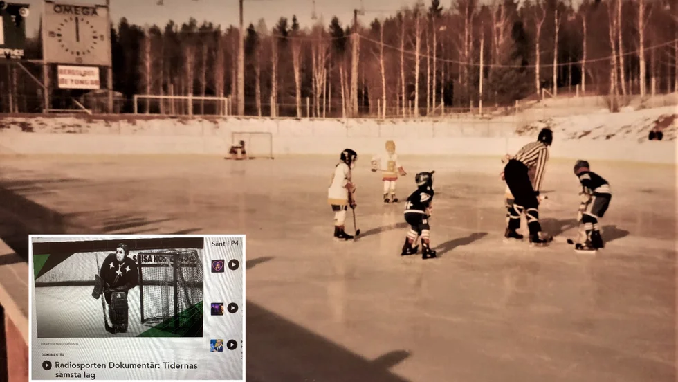 Hagvallen i Morgårdshammar, platsen där tidernas målrekords slogs i december 1974. Bilden från senare datum, omkring 1980. Tenny Larsson, sedan 1998 boende på Gotland, är killen i vitt med svart hjälm.