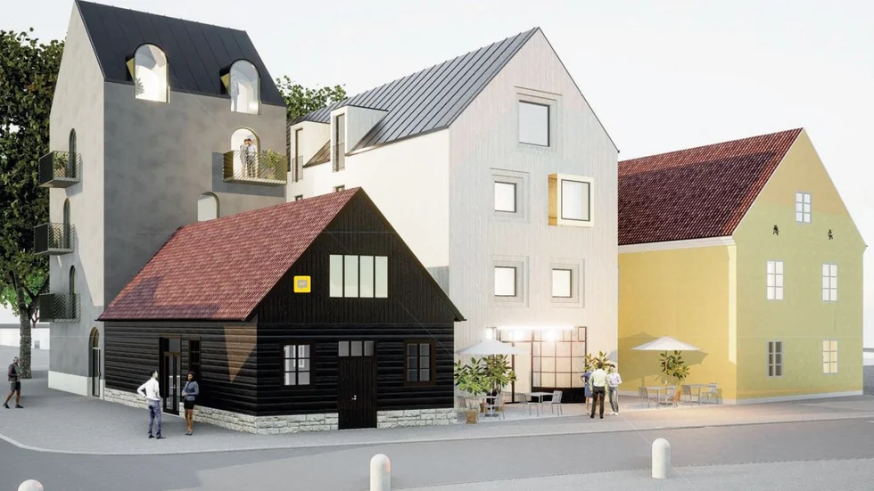 I det nya förslaget, som starkt liknar det tidigare, skriver ägaren till Hamnplan 5 att man vill framhäva det äldre bulhuset (till vänster) samt det gula kalkstenshuset (till höger).