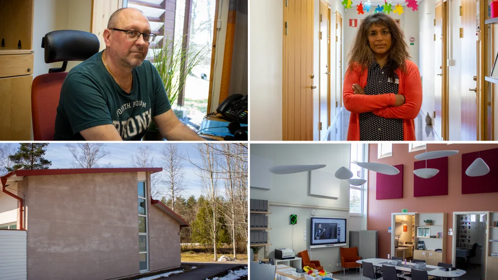 Överst, från vänster: Danne Forsberg, enhetschef för fastighet och service, samt Charlotta Widerberg, verksamhetschef och skolchef. Klassrummen på Dammsdal är akustikbehandlade och har begränsat med fönster för att minska störande syn- och ljudintryck. Varje elev har också ett eget studierum. 