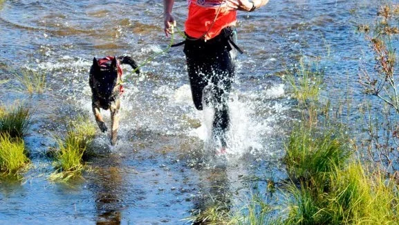 Vattenhinder. Terränglöpningen i biathlon innehöll många utmaningar i vatten. "Det sista  kryphindret var jobbigast", säger segraren Mikael Magnusson, här med hunden Smita.