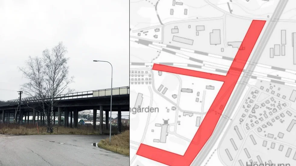 Hemgårdspassagens tänkta dragning. Precis efter att vägen passerat järnvägen, i södergående riktning, så byggs en även en ny avfart för gång och cykel.