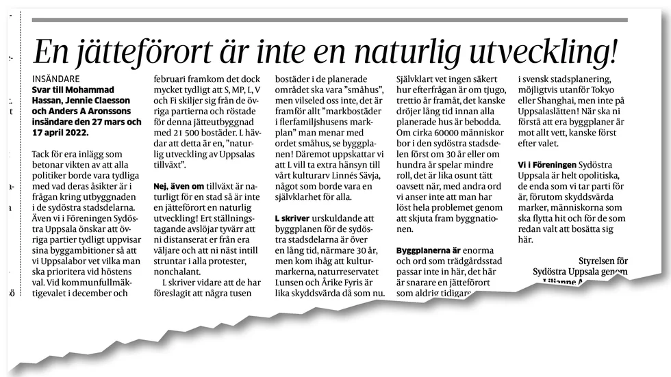 Upsala Nya Tidning 10 maj 2022.