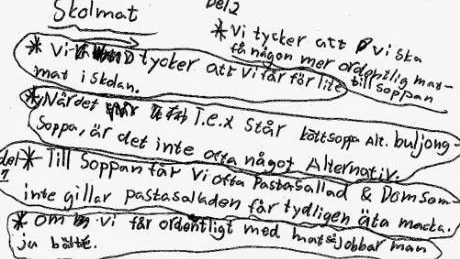 Kopia av motiveringen som följde med namnunderskrifterna. Eleverna är missnöjda med de komplement som finns till huvudrätterna.