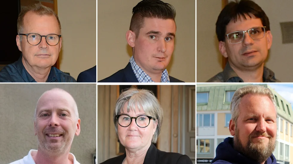 Vem kan samarbeta med vem om det behöver skapas en ny majoritet i fullmäktige? Övre raden fr.v Jacob Käll (C), Niklas Gustafsson (M) och Ola Gustafsson (KD). Nedre raden fr v Lars Johansson (V), Helen Nilsson (S) och Jimmy Rödin (SD).
