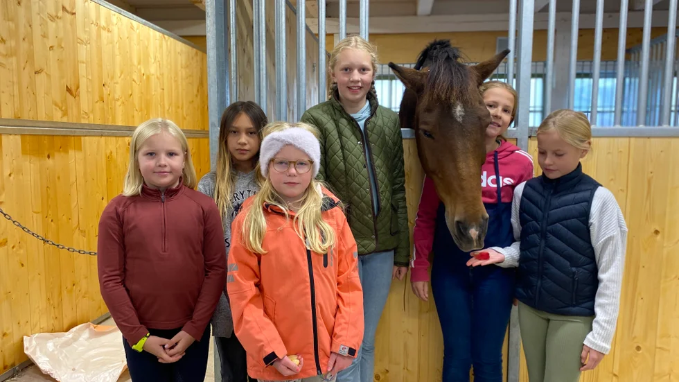 Till invigningen av ridskolan i Boxholm hade ridskoleeeleverna Stella Bolling, Sofia Tongphet, Julia Kapusta, Annie Petterquist, Lilly Andersson och Lovis Bolling dykt upp. Hästen Leigar verkar dock vara mer nyfiken på äpplen.