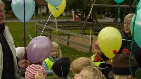 Så här såg det ut när barnen på Önnemo förskola i Östra Husby släppte upp de gasfyllda ballongerna vid 30-årsjubileet. Och nu har de fått svar från en familj i Lettland, att några av ballongerna flög ända dit.
Arkivfoto: Anita Kjellberg