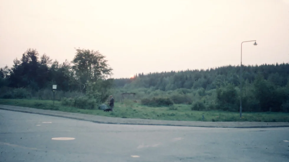 En okänd man rastar sin hund i korsningen Stenkilsgatan/Vitbergsvägen. Året är 1964.