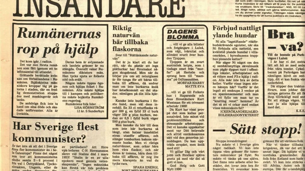 Insändarsidan 2 januari 1990: Gott om texter plus några blommor.