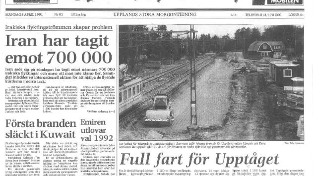 Delar av Upsala Nya Tidnings förstasida 8 april 1991.