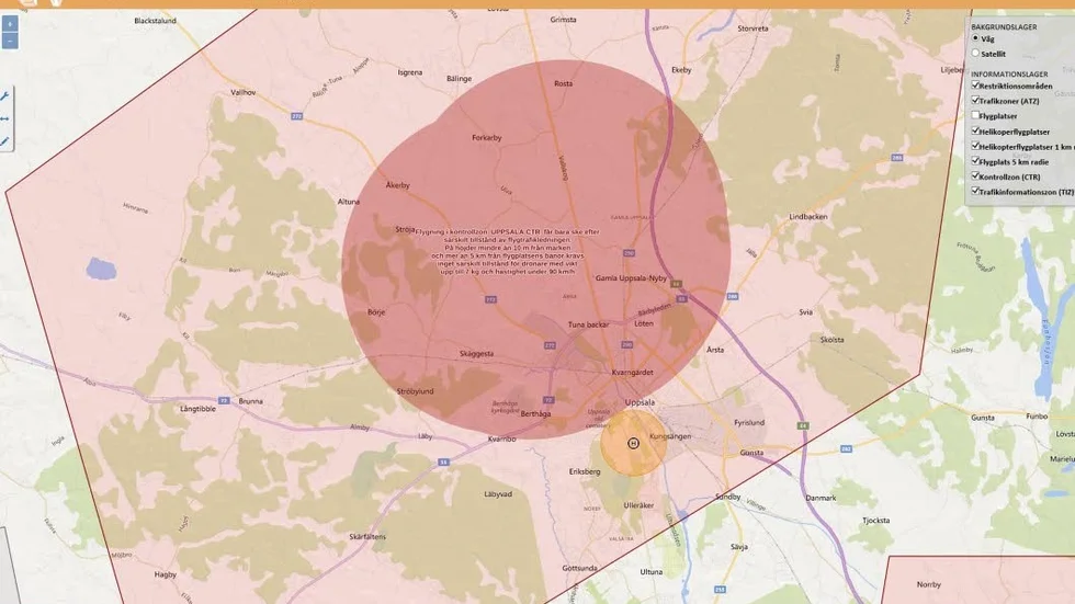 Uppsala. Helikopterplattan vid Akademiska har fått en egen markering på drönarkartan, och inom det gulmarkerade området gäller särskilda bestämmelser.