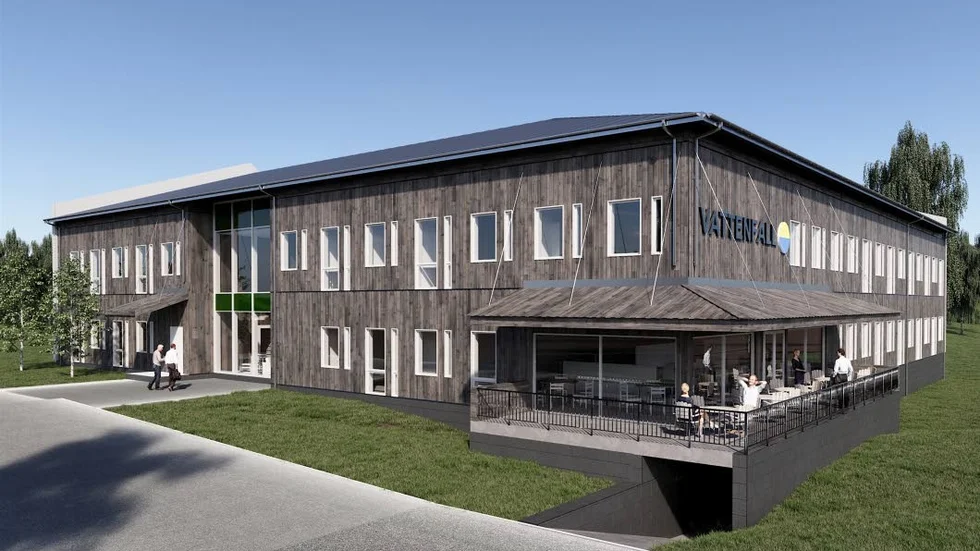 Så här kan Vattenfalls nya kontor i Jokkmokk se ut. Kontoret ska byggas mellan Kyrkan och Kunskapens hus. Avtalet är dock inte klart ännu, trots att beslutet klubbades i december.