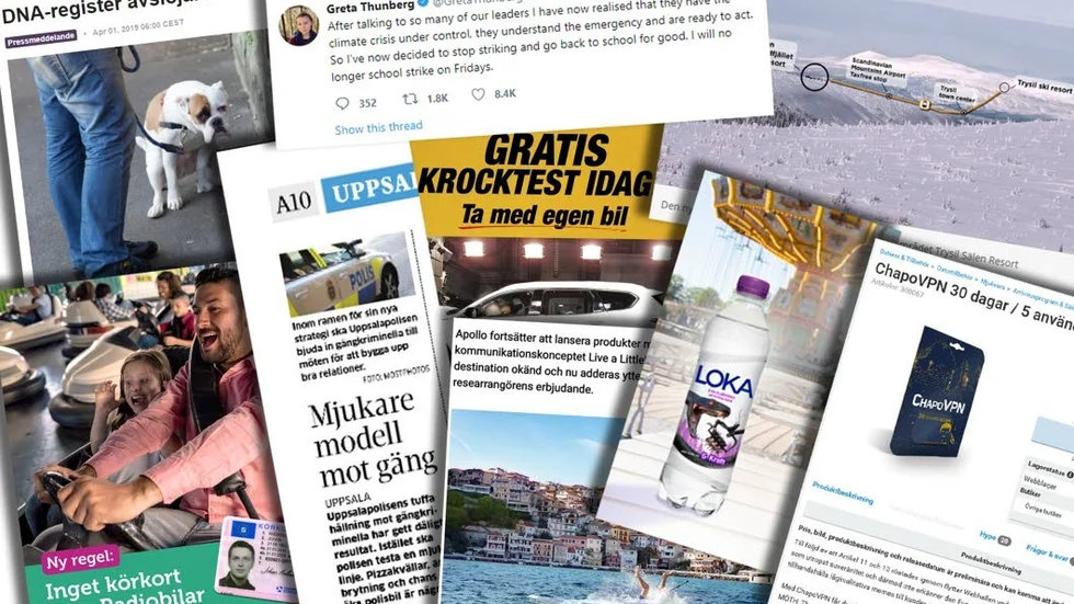 Gratis bilkrockstest, tunnel i Grisslehamn och en 45 kilometer lång Gondol mellan Sälen och Trysil är bara några av årets aprilskämt.
