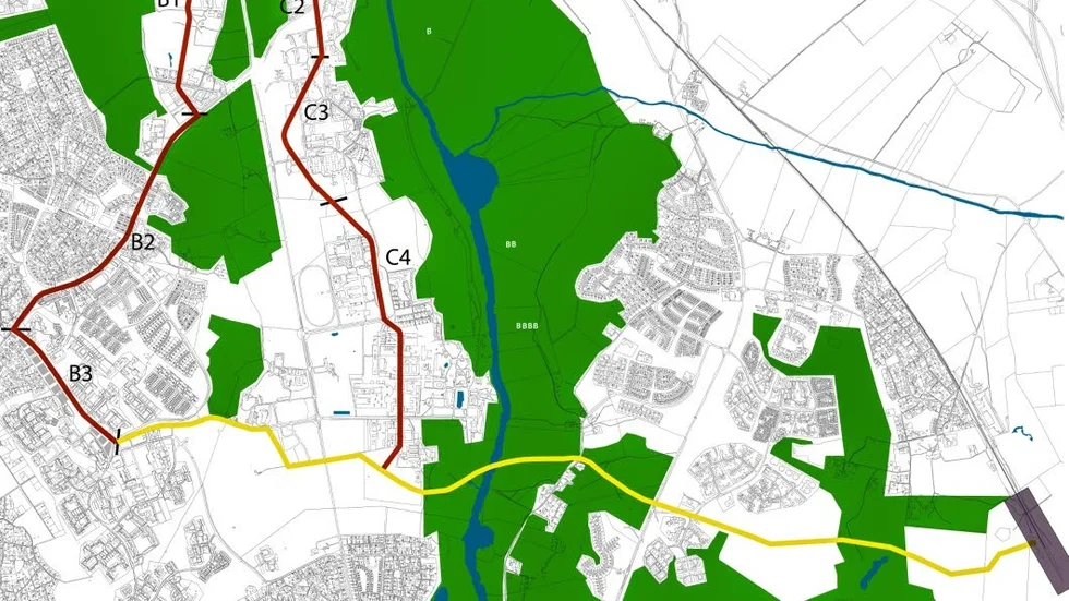 Den gula linjen visar den del av spårvägen mellan Gottsunda och Bergsbrunna för vilken Uppsala redan fått klartecken för statliga bidrag.