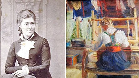 Fanny Låstbom i vuxen ålder. Kerstin väver i Sparfgården, Rättvik, målad 1906 av Fanny Låstbom. Det är en av de tavlor som finns i ättlingen Göran von Rosens ägo.