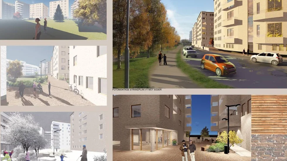 Utsikt. Montage av bilder från olika årstider. Den största bilden visar husfasaderna mot Bodträsket.