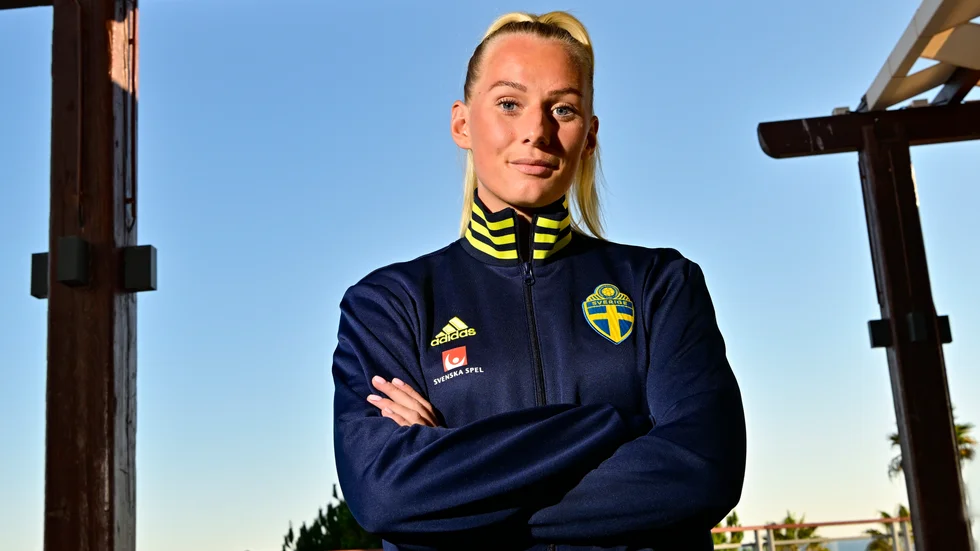 Stina Blackstenius under landslagsturneringen Algarve Cup i början av mars. Arkivbild.