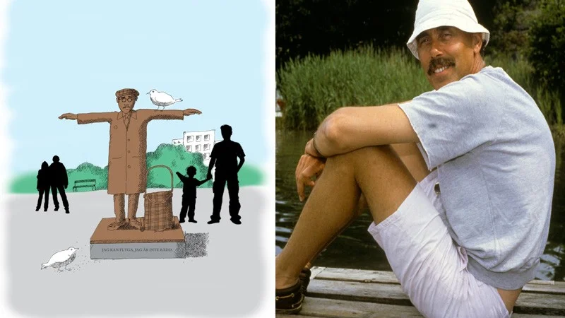 Så kan statyn komma att se ut, till höger den "verklige" Stig-Helmer.