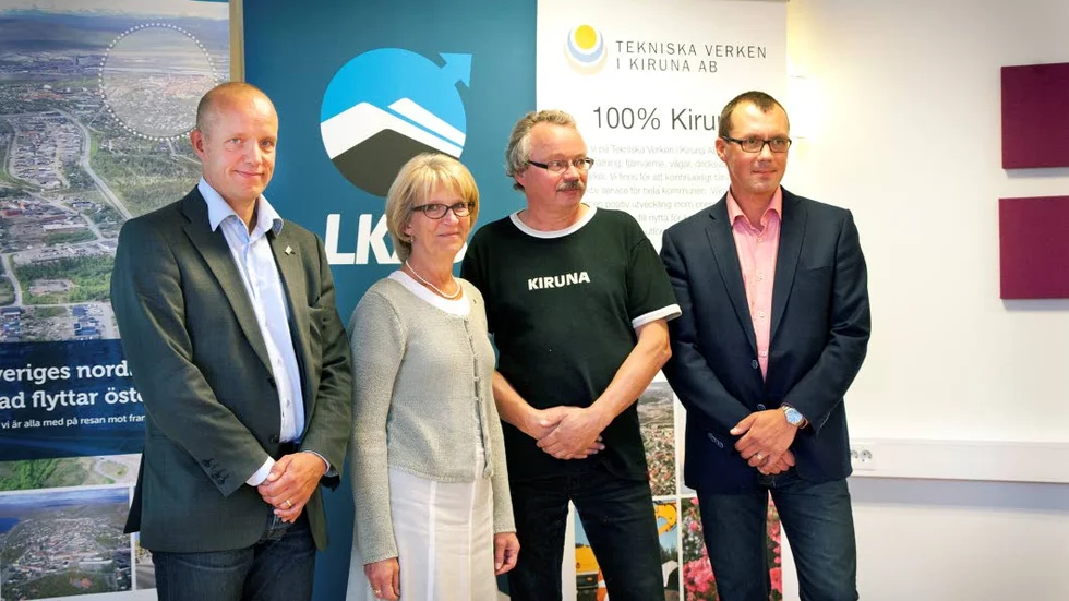 STARTEN. Nu börjar LKAB och kommunen samarbeta för omvandla spillvärmen från LKAB till fjärrvärme för Kirunaborna. Jan Fjordell, vd Tekniska verken, Kristina Zakrisson (S), kommunalråd, Lars Törnman, styrelseordförande Tekniska verken, Stefan Savonen avdelningschef för energi och klimat på LKAB.