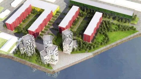 Så här hade arkitekterna tänkt sig att de tre höghusen på Varvet skulle se ut. De boende i de befintliga husen var mycket kritiska. FOTO: HHLA arkitekter