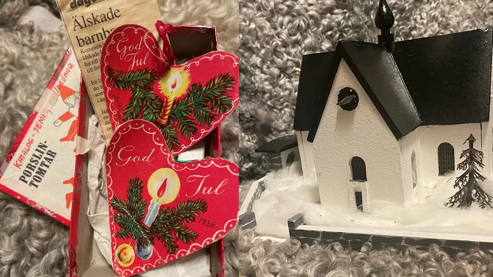 Dessa två små pappershjärtan, och varsin klänning fick mormor och hennes syster Anna-Lisa till jul. Det minner om en annan tid, då traditionen inte riktigt ser ut som idag då min familjs förutsättningar var minst sagt annorlunda.
Den lilla träkyrkan som farmor snickrat i sin verkstad, skapade alltid en särskild stämning kring jul. Även om Jesusbarnet inte varit så central på senaste åren, ingen av oss är särskilt religiösa är den en liten påminnelse om julens mirakel. Att vi ska öppna upp våra dörrar för dem som må behöva det.
