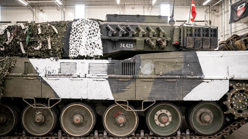 En tysktillverkad stridsvagn av typen Leopard 2. Arkivbild.