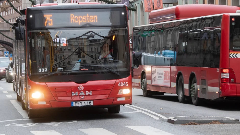 SL-bussar i lokaltrafik i centrala Stockholm. Arkivbild.