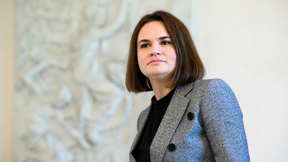 Svetlana Tichanovskaja under ett besök i Tysklands huvudstad Berlin i april 2022.